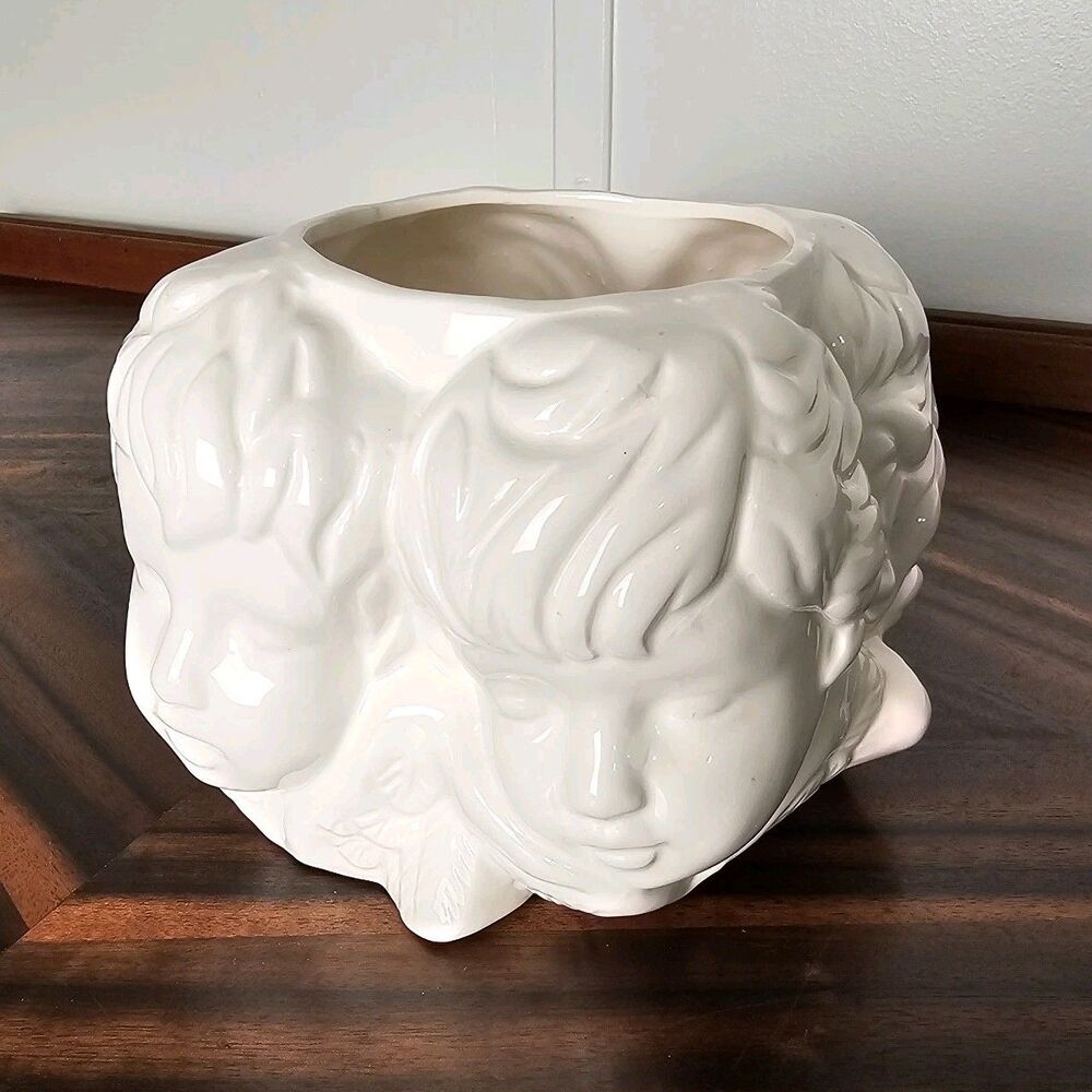 White Ceramic Cherub Planter Vase Rococo Angel Faces, Victorian Cottage Decor